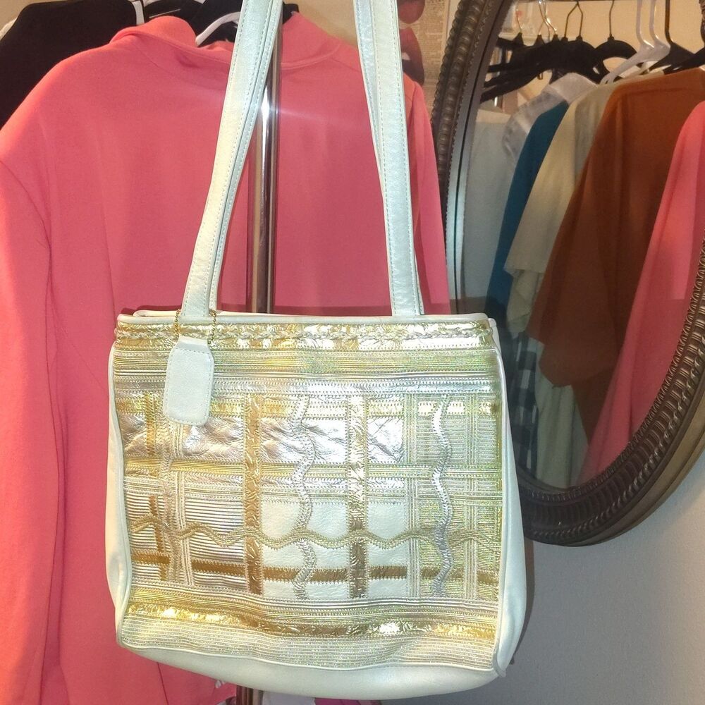 Vintage Jacqueline Ferrar Ivory Gold Metallic Geometric purse long Handles
